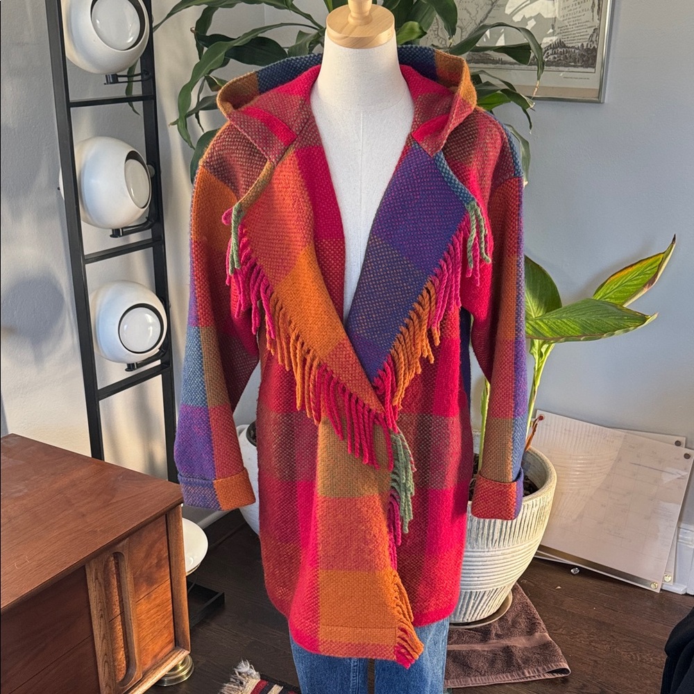 Vintage Colorful wool Plaid Hooded shacket with Fringe